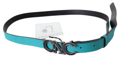 Women's Blue Green Leather Logo Silver Buckle Belt