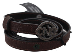Women's Brown Skinny Leather Round Logo Buckle Belt