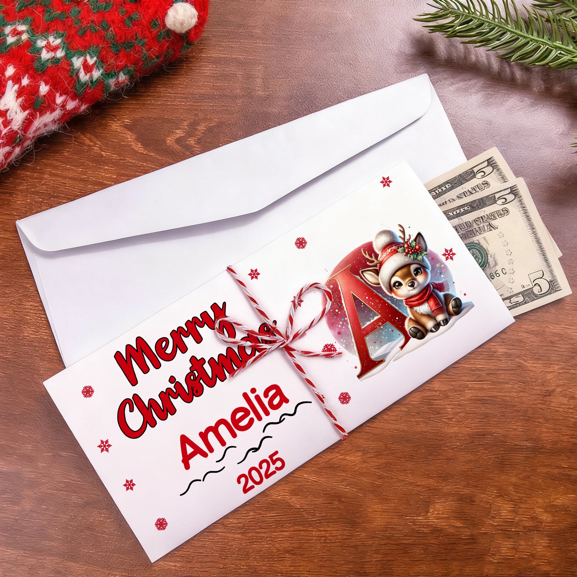 Reno de Navidad Personalizada Inicial Monedero Tarjetero con Nombre y Sobre Regalo de Navidad para la Familia Niños