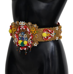 Women's Embellished Floral Crystal Wide Waist Carretto Belt Gold Nylon