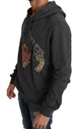 Men's Gray Hooded Red Crystal Heart Gun Sweater Cotton Clothing