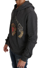 Men's Gray Hooded Red Crystal Heart Gun Sweater Cotton Clothing
