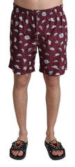 Men's Hat-Print Polyester Swim Shorts Maroon Swimwear