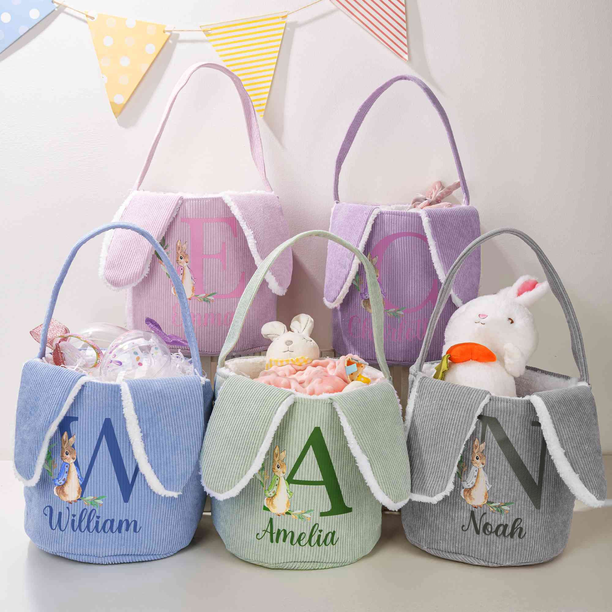 Cesta de Pascua de pana Peter Rabbit personalizada con nombre e inicial Actividades al aire libre Búsqueda del huevo de Pascua Regalo para niños