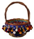 Women's Wicker Basket With Pompom Trim Tote Multicolor