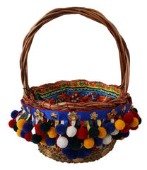 Women's Wicker Basket With Pompom Trim Tote Multicolor