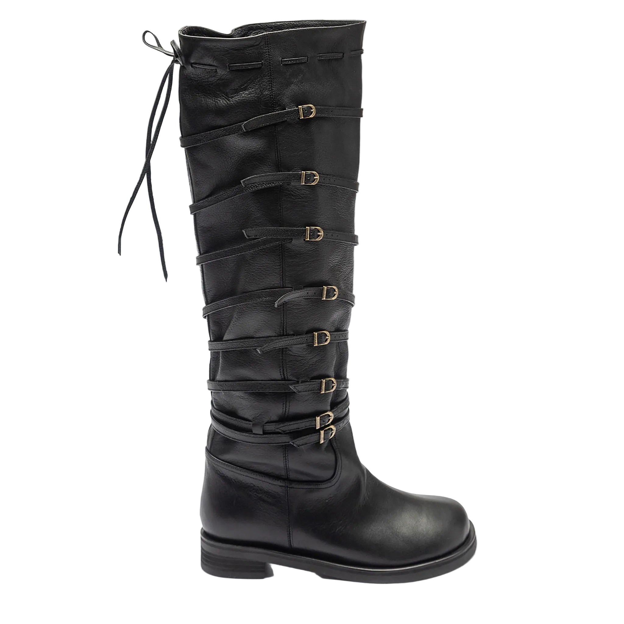 Black Knee‑High Leather Multi‑Strap Buckle Boots