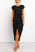 Cap Short Sleeve Buttons Tulip Hem Dress