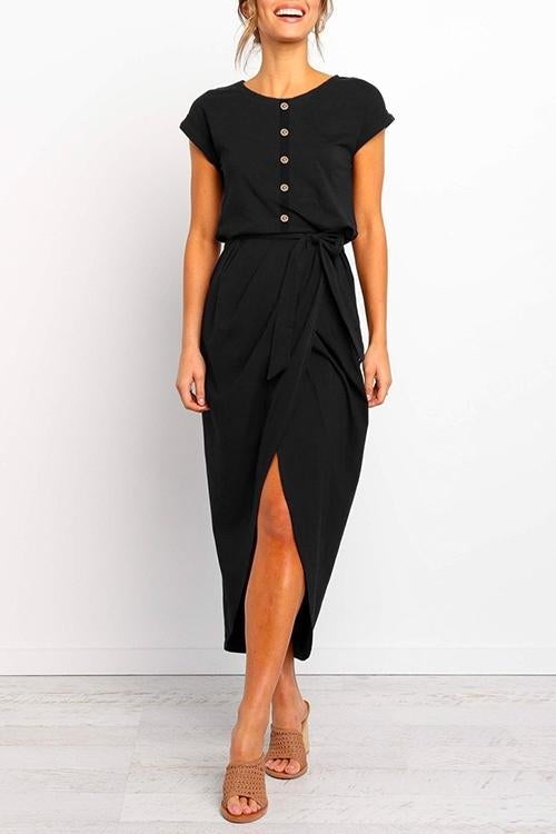 Cap Short Sleeve Buttons Tulip Hem Dress