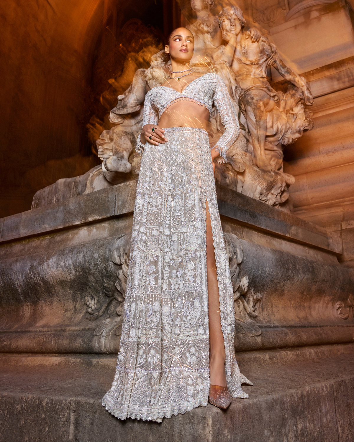 Ivory Paris Sequins Skirt Set By KYNAH, Luxury Indian Fashion & Bridal Wear