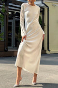 Round Neck Long Sleeves Satin Maxi Party Dress