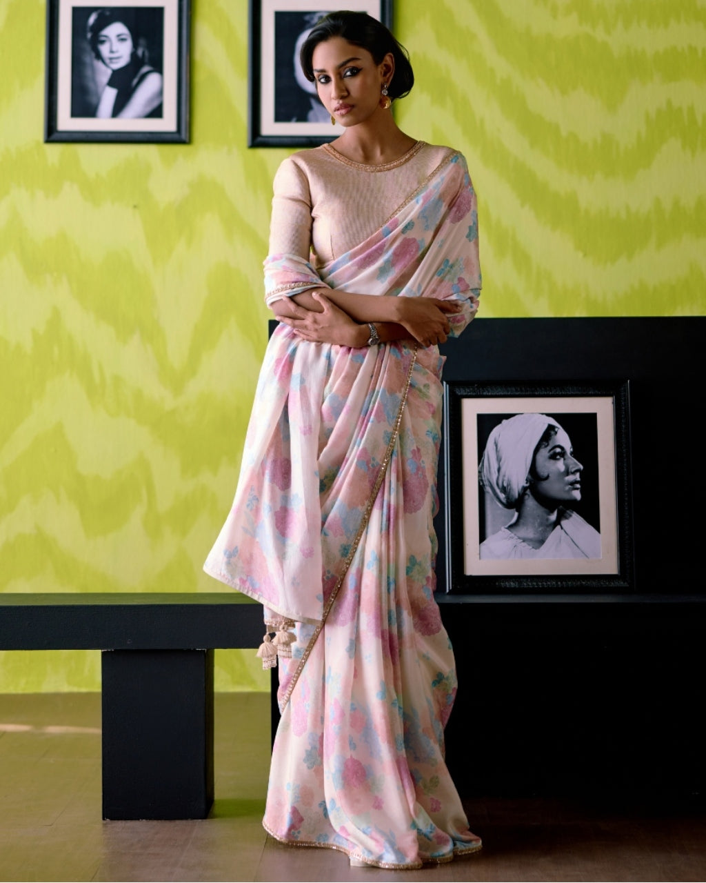 Ivory Floral Print Sari With Blouse Set By KYNAH, Luxury Indian Fashion & Bridal Wear