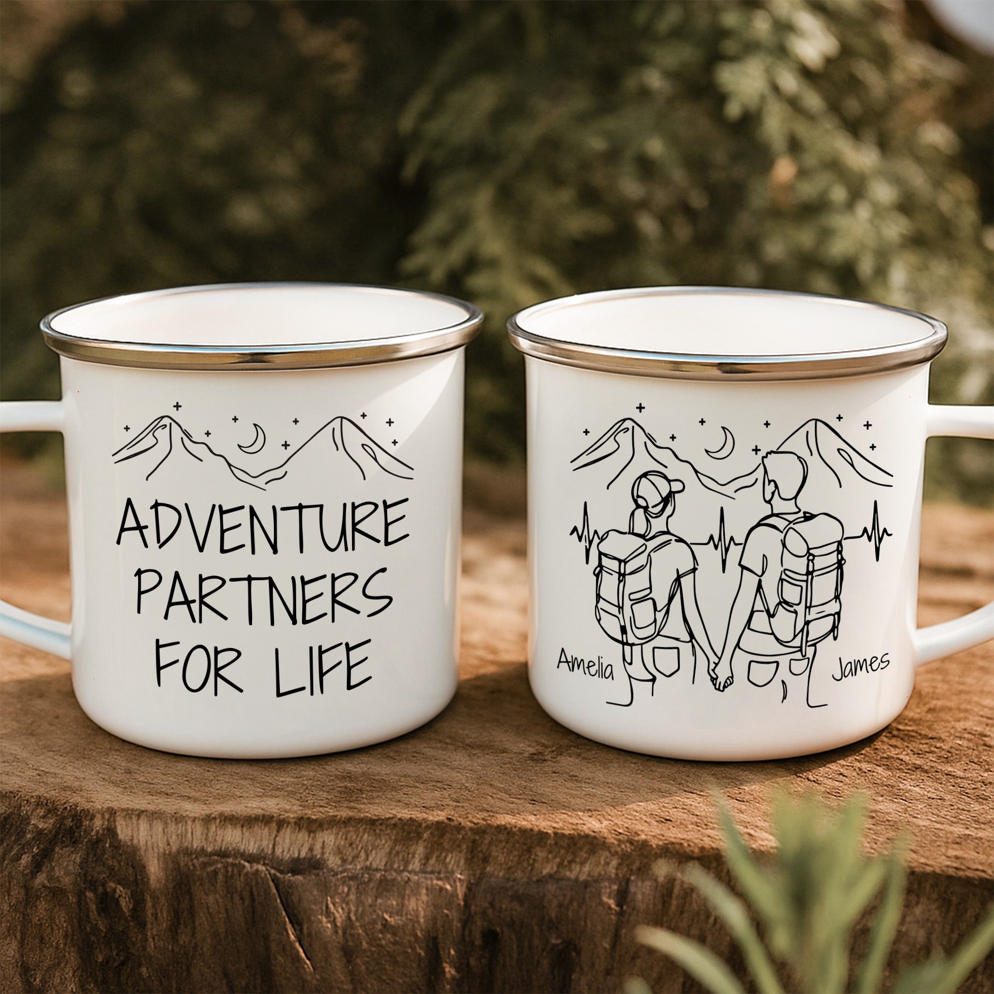 Personalizada Aventura Senderismo Línea Dibujo 12 oz Esmalte Taza con Nombre Cumpleaños Camping Regalo para Amigos Excursionistas