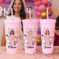 Personalizada de dibujos animados Pijama Nombre de la Niña 24 oz Botella de Agua de plástico con pajita Pijama Party Bridesmaid Birthday Gift for Women