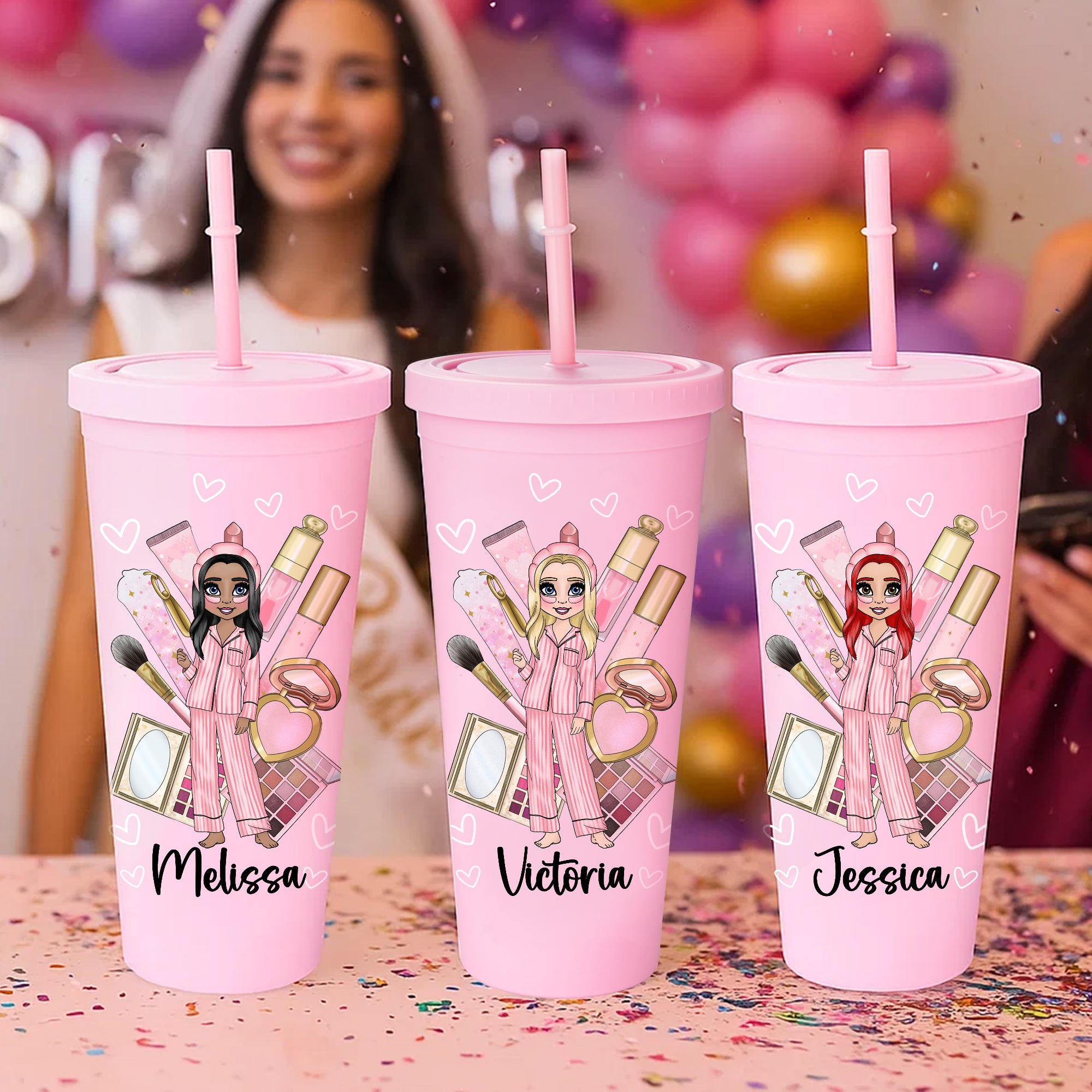 Personalizada de dibujos animados Pijama Nombre de la Niña 24 oz Botella de Agua de plástico con pajita Pijama Party Bridesmaid Birthday Gift for Women