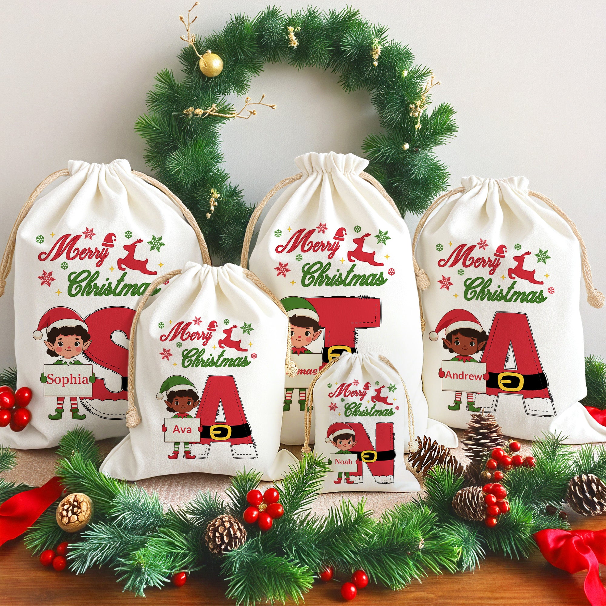 Elfo de Navidad personalizado Bolsa de regalo de lona con nombre e inicial Fiesta de Navidad Regalo para niños Familia