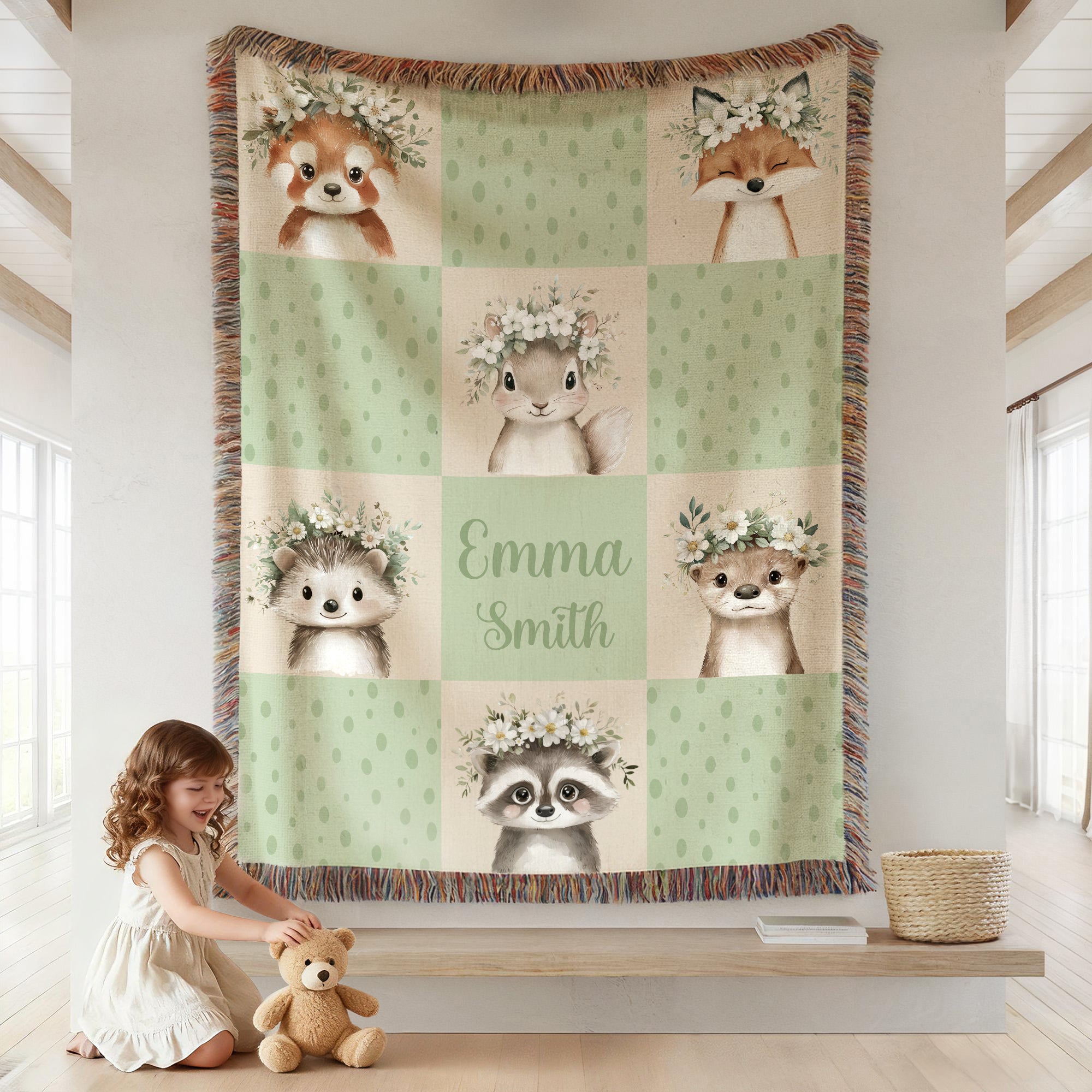 Personalizado lindo animal de la corona de patchwork multicolor suave manta de borlas con el nombre de decoración del hogar regalo de cumpleaños para los niños de la familia