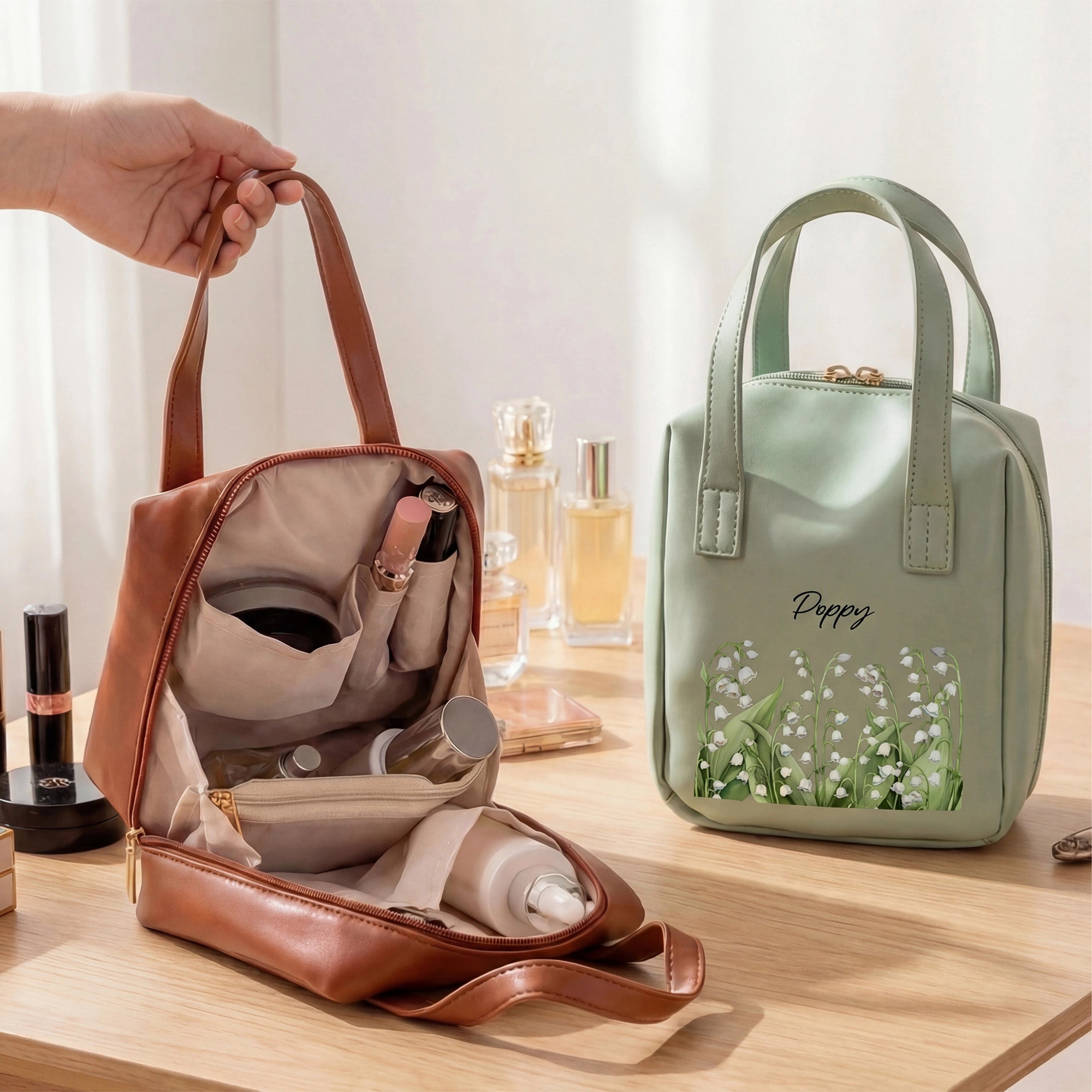 Personalizado Nacimiento Flor PU Cuero Bolsa de Maquillaje de mano con Nombre Cumpleaños Aniversario Pascua Regalo para Mujer Mejor Amigo Mamá