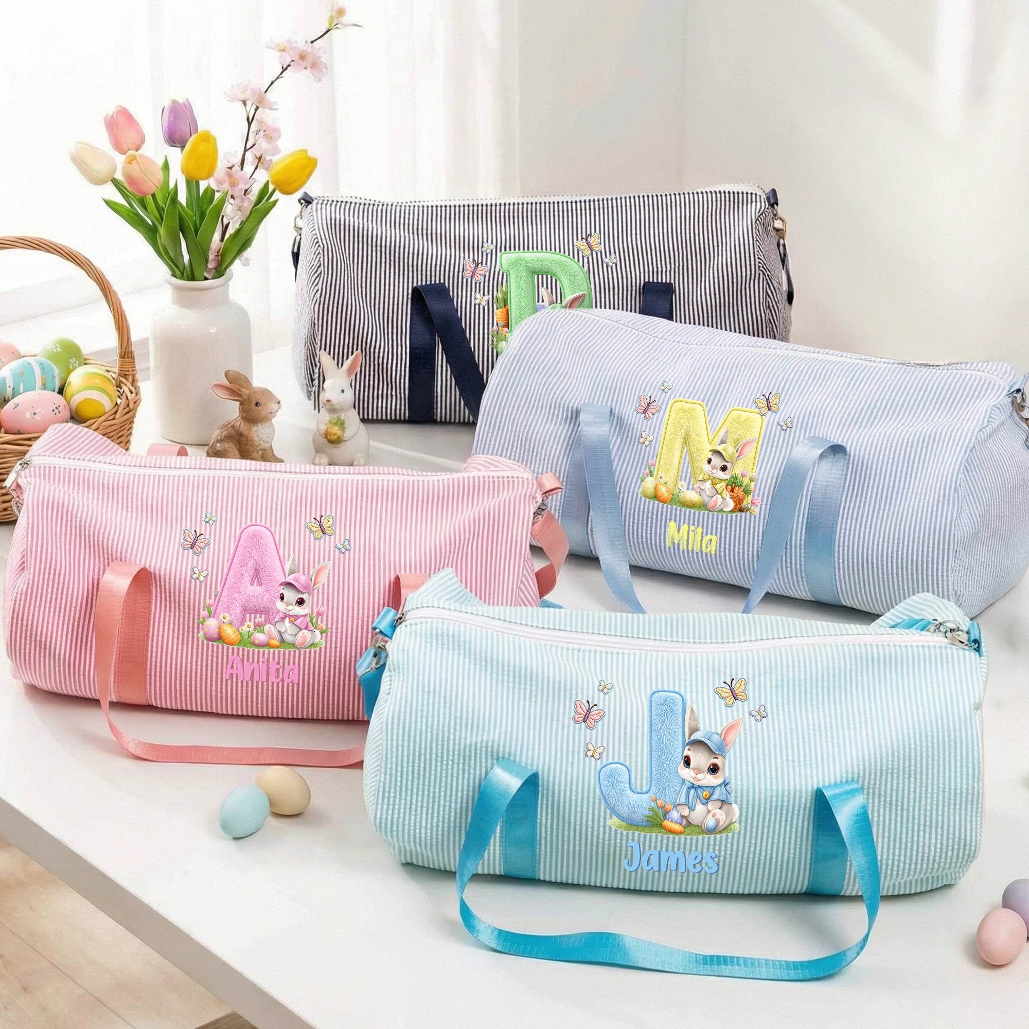Conejito de Pascua personalizado Efecto peluche Rayas iniciales Bolsa de viaje de gran capacidad con nombre y bandolera Regalo de viaje de Pascua para niños