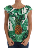Women's Pineapple Banana Sequins Blouse T-Shirt Green Cotton