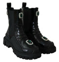 Women's Black Leather Crystal Combat Boots