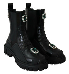 Women's Black Leather Crystal Combat Boots