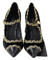 Women's Black Velvet Gold Mary Janes Pumps