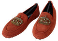 Men's Orange Leather Crystal Crown Loafers Shoes