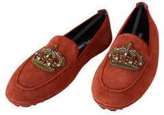Men's Orange Leather Crystal Crown Loafers Shoes