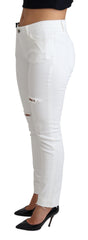 Women's White Tattered Skinny Denim Cotton Stretch Jeans Elastane Clothing