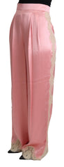 Women's Pink Lace Trimmed Silk Satin Wide Legs Pants Cotton Nylon