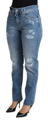 Women's Blue Tattered Skinny Denim Cotton Blend Jeans Polyester Elastane Clothing