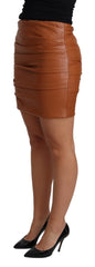 Women's Brown Lambskin High Waist Mini Pleated Skirt Leather