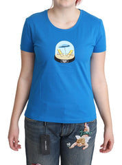 Women's Blue Printed Cotton Short Sleeves Tops T-Shirt