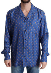 Men's Blue Beach Chair Umbrella Print Silk Shirt