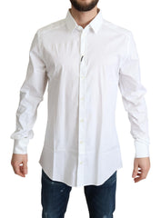 White Cotton Stretch Men Dress Formal Shirt Elastane