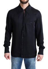 Men's Black Jacquard Silk Casual Button Down Shirt