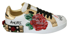 White Roses Sequined Crystal Womens Sneakers Shoes Leather