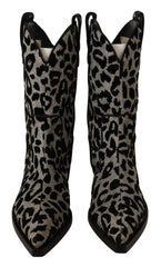 Women's Gray Black Leopard Cowboy Boots Shoes