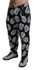 Men's Palm Leaf Print Cotton-Stretch Trousers Black Elastane