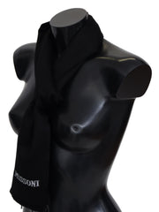 Men's Black Wool Unisex Neck Wrap Fringes Logo Scarf