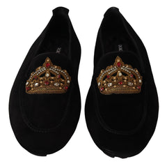 Men's Black Leather Crystal Gold Crown Loafers Shoes