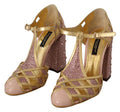 Women's Pink Gold Leather Crystal Pumps T-Strap Shoes Silk