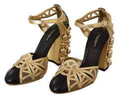 Women's Black Gold Leather Studded Ankle Straps Shoes