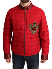 Men's Red Brocade Bomber Gold Crown Logo Coat Jacket Poleyster Clothing