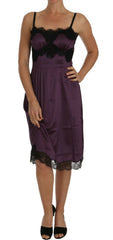Women's Purple Silk Stretch Black Lace A-Line Dress Elastane