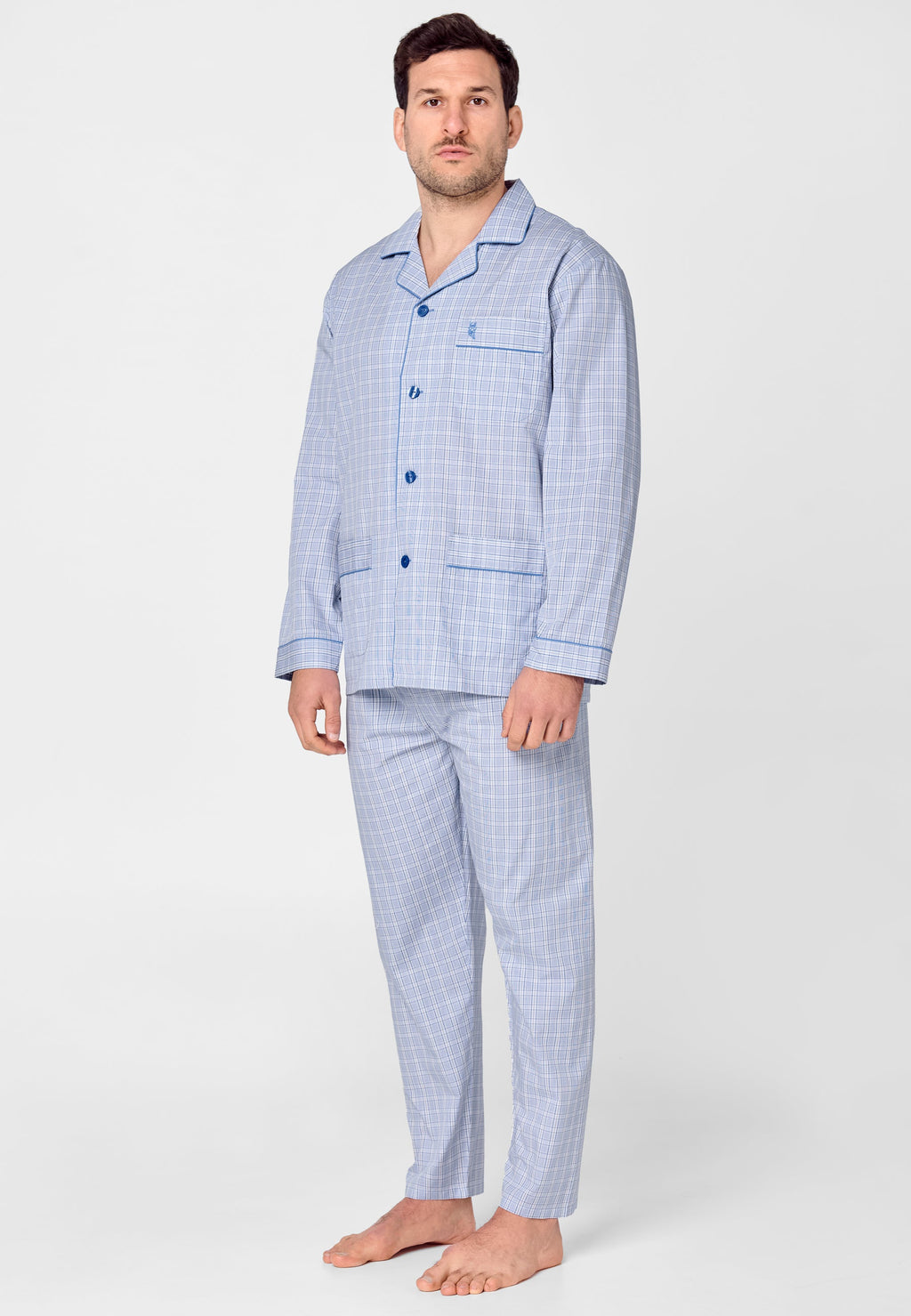 Pijama Hombre Largo Solapa Algodón Popelín Cuadros - Azul 1528_30