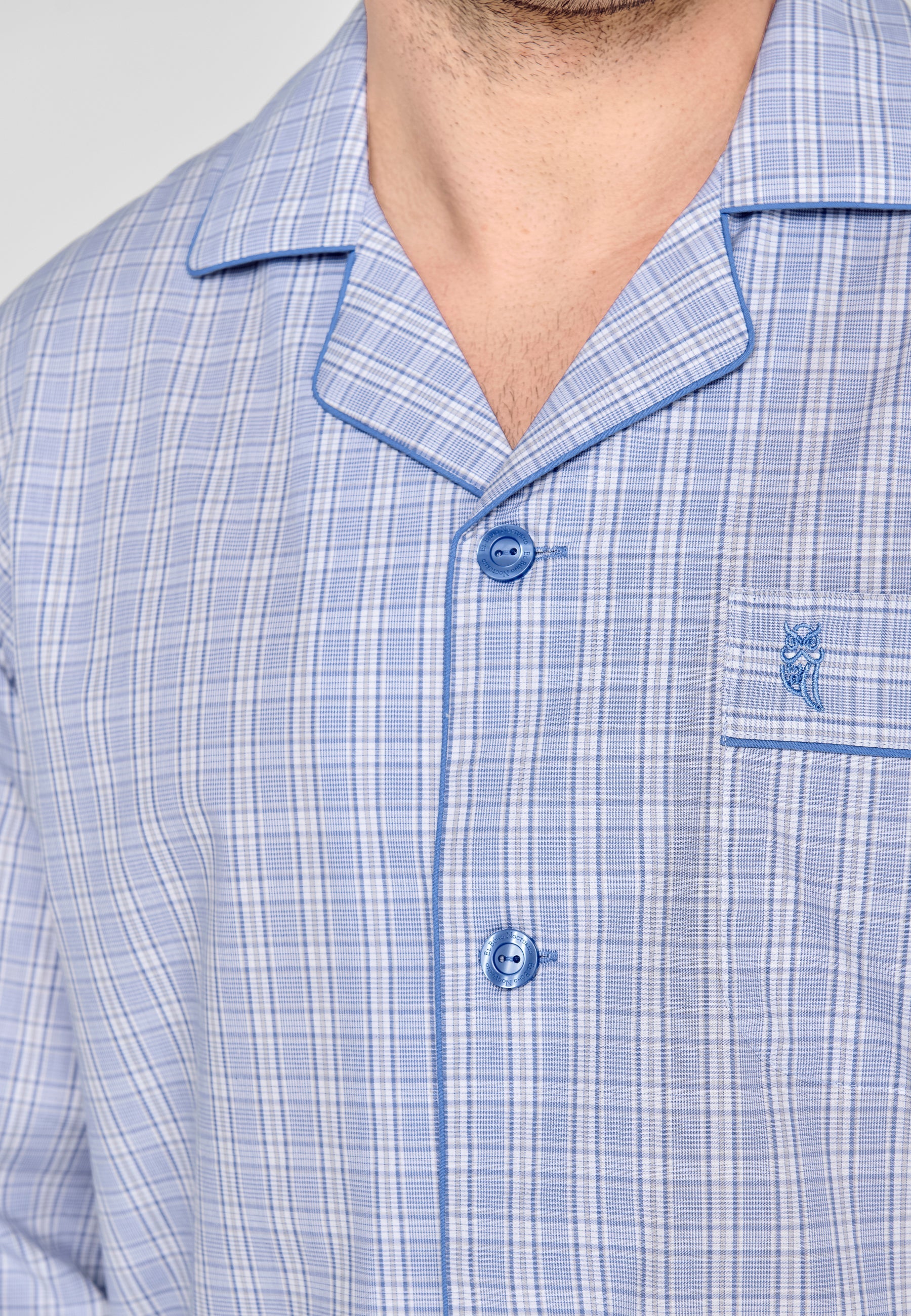 Pijama Hombre Largo Solapa Algodón Popelín Cuadros - Azul 1528_30
