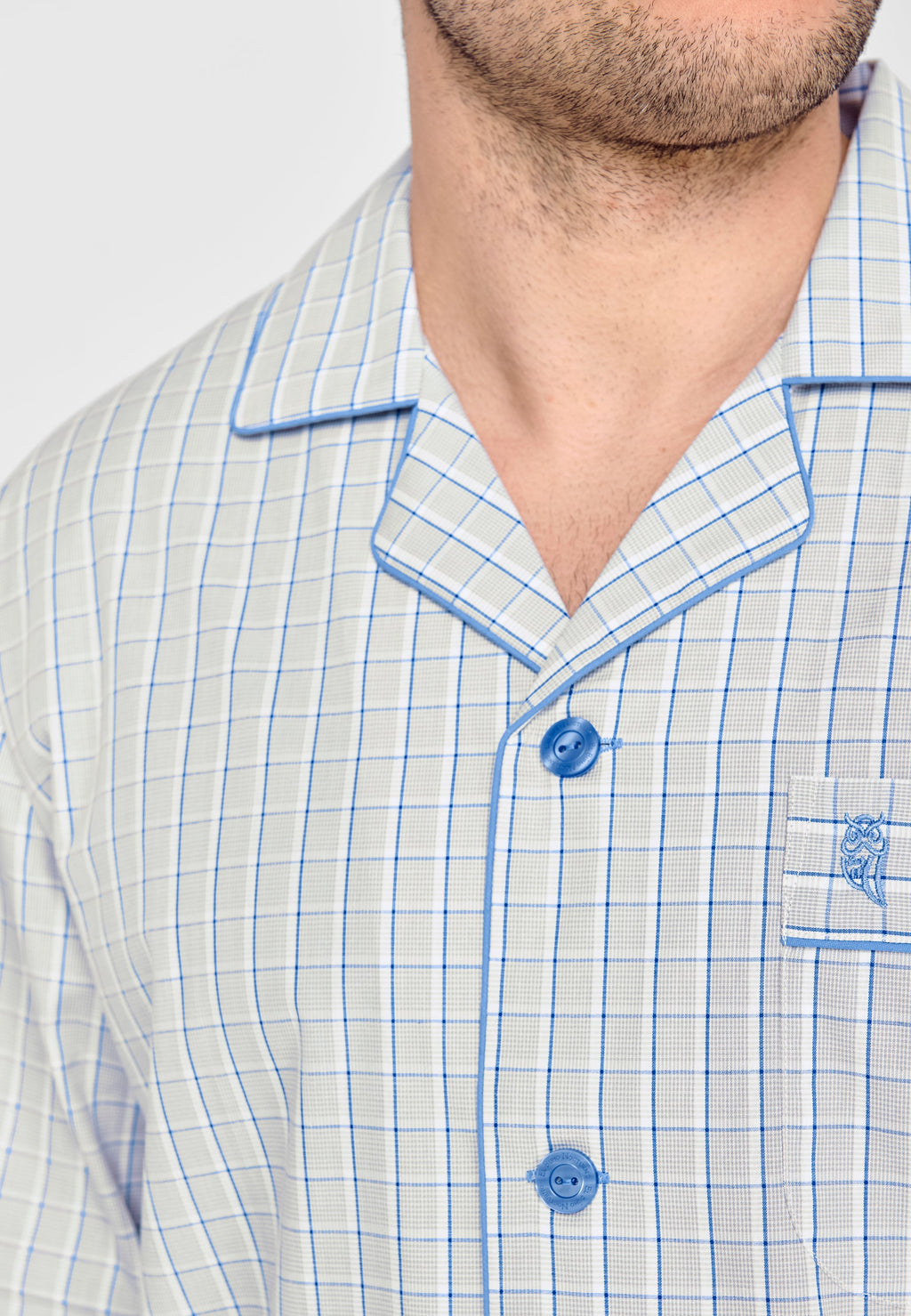 Pijama Hombre Largo Solapa Algodón Popelín Cuadros - Gris 1530_20