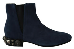 Women's Blue Suede Embellished Studded Boots Shoes